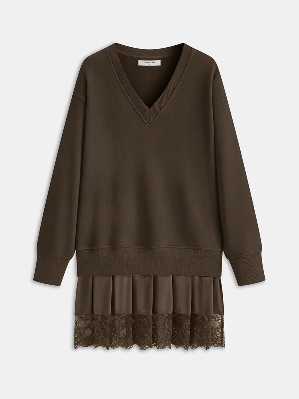 Commense Pleated Hem Lace-Trimmed Sweatshirt Dress
